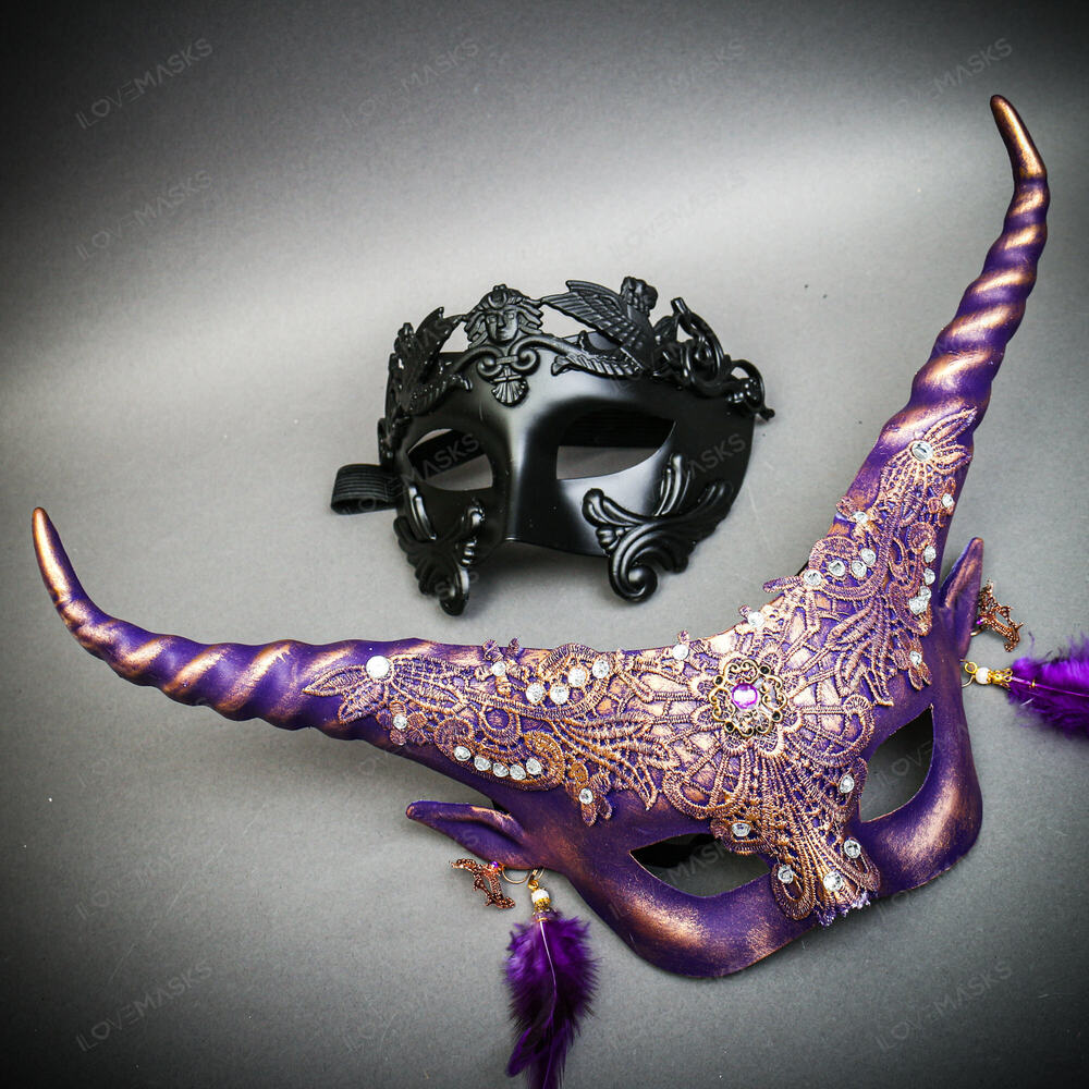 Masquerade Mask & Black & Purple Horned Devil Eye Mask Couple Mask Set